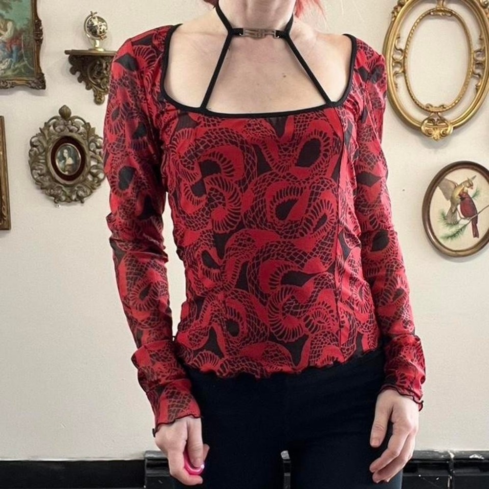 I.AM.GIA Red Snake Print Cutout Long Sleeve Top